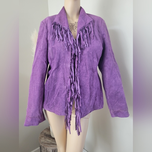Purple fringe suede leather jacket L - Picture 2 of 11